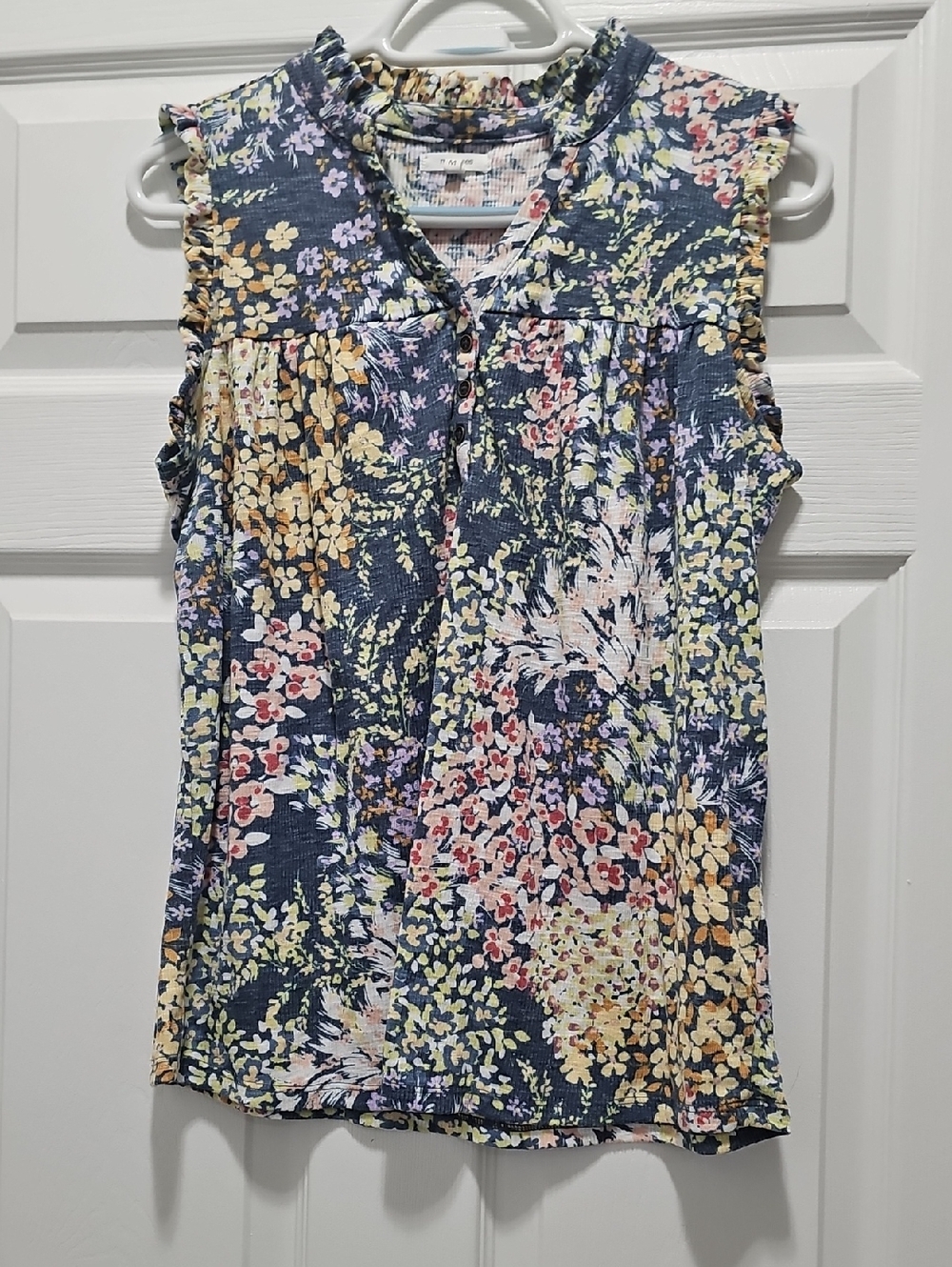 Floral Sleeveless Ruffled Neck Top - Navy Multi